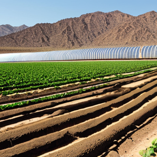 **

A panoramic view of a desert landscape transformed by innovative water management techniques. In the foreground, modern drip irrigation systems nourish lush green crops, contrasting sharply with the arid background. Above, a satellite image overlay shows data streams visualizing soil moisture levels and vegetation health. In the distance, a solar-powered desalination plant gleams in the sunlight. The overall impression is one of hope and resilience in the face of water scarcity.

**