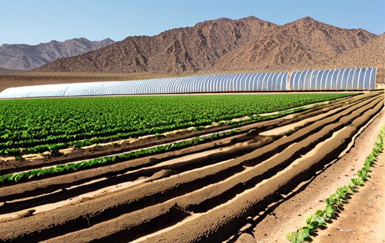 **
A panoramic view of a desert landscape transformed by innovative water management techniques. In the foreground, modern drip irrigation systems nourish lush green crops, contrasting sharply with the arid background. Above, a satellite image overlay shows data streams visualizing soil moisture levels and vegetation health. In the distance, a solar-powered desalination plant gleams in the sunlight. The overall impression is one of hope and resilience in the face of water scarcity.
**