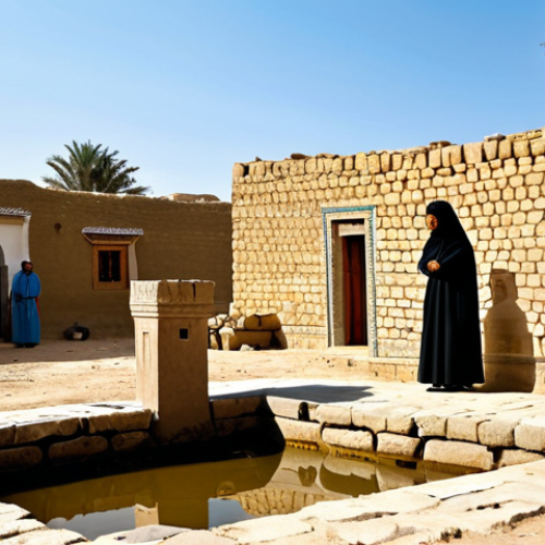 **
An idyllic scene in a historical Arab village, capturing the deep cultural connection to water. Elderly men and women, fully clothed in modest, traditional attire, gather respectfully around a well-preserved ancient stone well. The well shows signs of timeless use, with a clear, calm water surface reflecting the sky. The background features traditional mud-brick houses under a warm, golden sunlight. The atmosphere is peaceful and communal, evoking a sense of heritage and quiet wisdom. This image is safe for work, appropriate content, fully clothed, family-friendly, perfect anatomy, correct proportions, natural pose, well-formed hands, proper finger count, natural body proportions, professional photography, high quality.

**