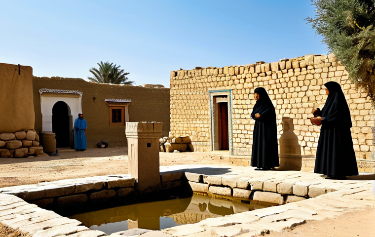 **
An idyllic scene in a historical Arab village, capturing the deep cultural connection to water. Elderly men and women, fully clothed in modest, traditional attire, gather respectfully around a well-preserved ancient stone well. The well shows signs of timeless use, with a clear, calm water surface reflecting the sky. The background features traditional mud-brick houses under a warm, golden sunlight. The atmosphere is peaceful and communal, evoking a sense of heritage and quiet wisdom. This image is safe for work, appropriate content, fully clothed, family-friendly, perfect anatomy, correct proportions, natural pose, well-formed hands, proper finger count, natural body proportions, professional photography, high quality.
**