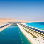 미래 물 안보를 위한 연구 동향 - **Prompt: "A breathtaking, futuristic view of a large-scale water desalination plant situated on the...