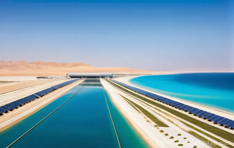 미래 물 안보를 위한 연구 동향 - **Prompt: "A breathtaking, futuristic view of a large-scale water desalination plant situated on the...