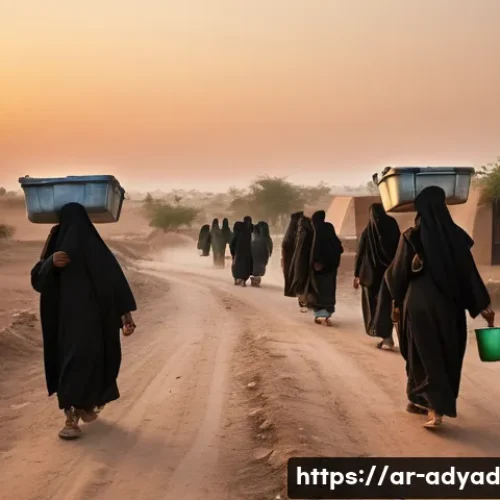 물 안보와 커뮤니티 기반 해결책 - **A Resilient Community in an Arid Landscape:**
    A wide shot capturing a rural Arab village at da...