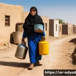 전 세계 물 위기 현황 분석 - A detailed scene showing a rural Middle Eastern village facing water scarcity: women and children ca...