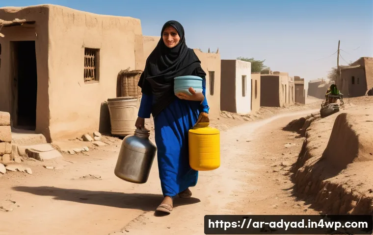 전 세계 물 위기 현황 분석 - A detailed scene showing a rural Middle Eastern village facing water scarcity: women and children ca...