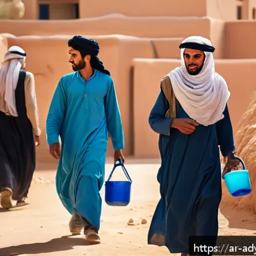물 안보와 사회적 불평등 문제 - A rural desert village in the Arab world experiencing severe water scarcity, with young men leaving ...