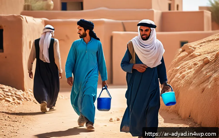 물 안보와 사회적 불평등 문제 - A rural desert village in the Arab world experiencing severe water scarcity, with young men leaving ...