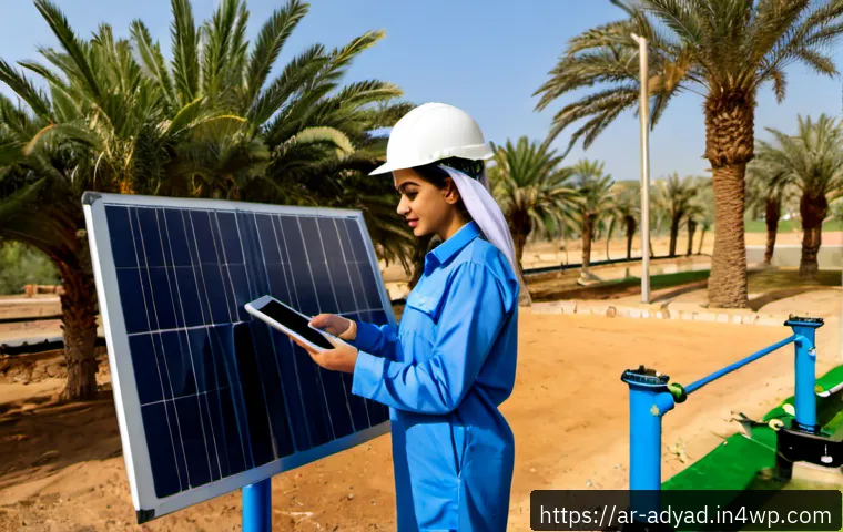 물 자원 관리에서의 혁신 기술 - Photorealistic smart water management scene in a modern Middle Eastern city, Arab female water engin...