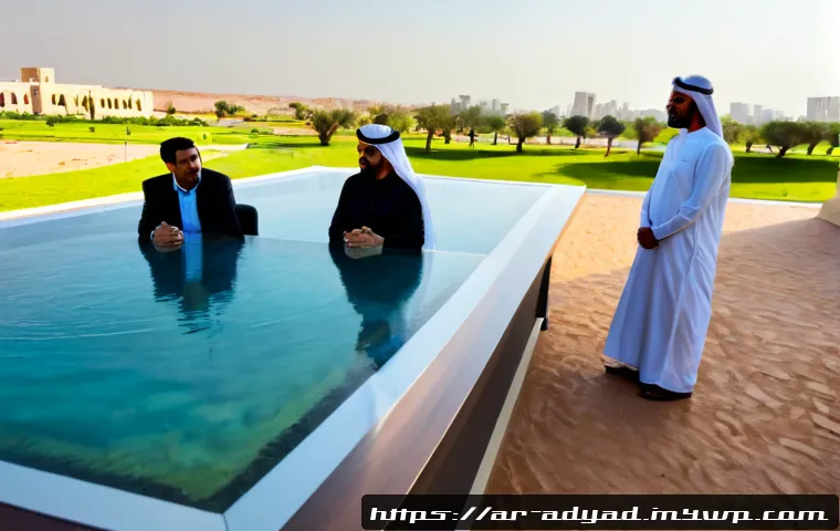 물 관리 정책의 개선 방향 - Photorealistic wide-angle scene of Arab municipal water policy planners and local community represen...